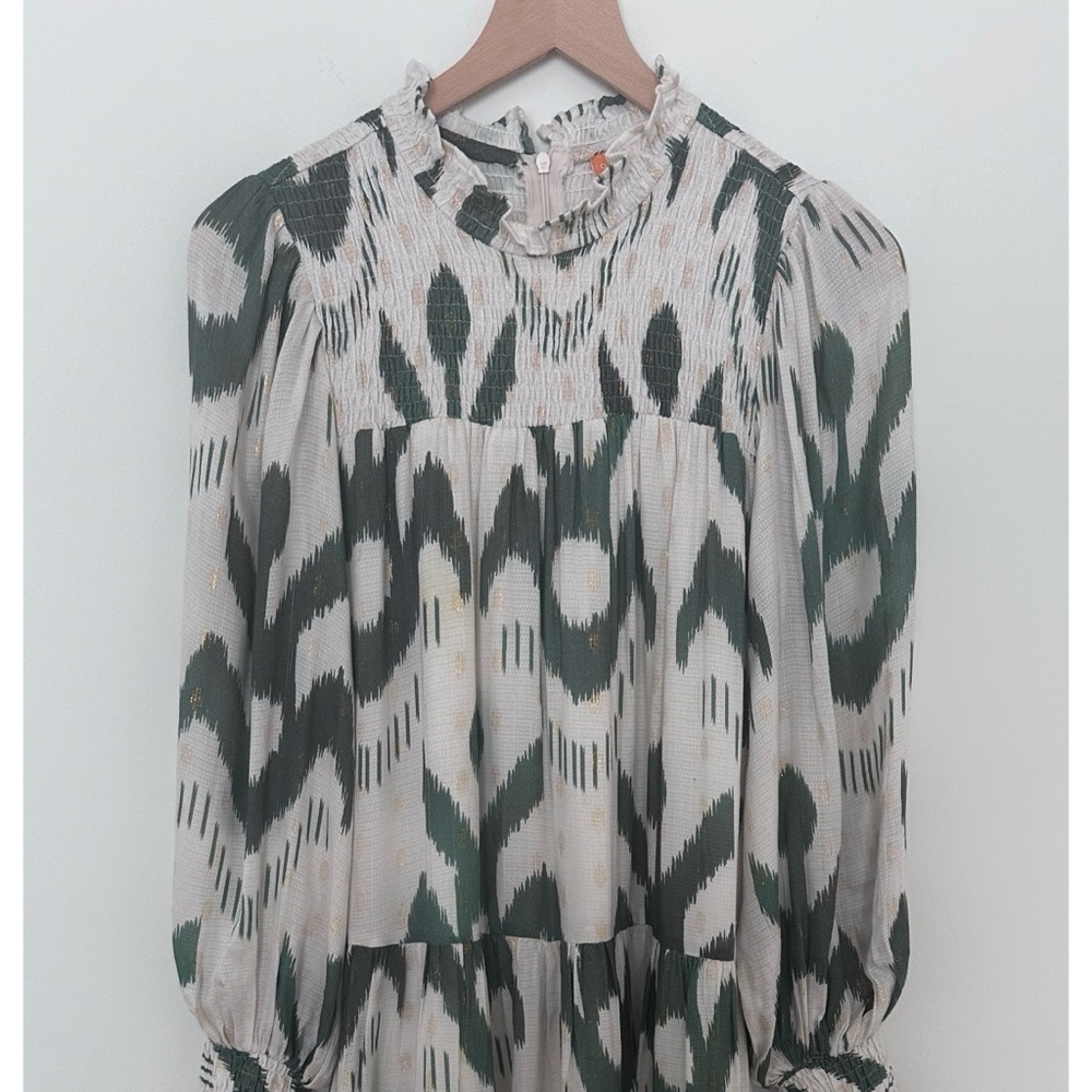 Oliphant Smocked Neck Mini Dress in Chitka Forest Green Cream Balloon Sleeve - Picture 4 of 12
